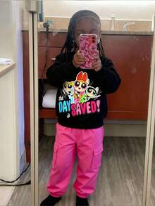 THE POWERPUFF GIRLS X SHEIN 2pcs/Set Young Girl Cute Cartoon Blossom, Bubbles, Buttercup Pattern Dropped Shoulder Long Sleeve Black Sweatshirt And Letter Tape Cargo Pants Casual Sports Suit - Multicolor - View 1