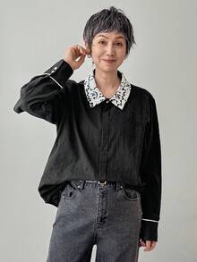 FRIFUL Women's Lace Collar & Cuff Contrast Button Loose Casual Blouse, Versatile For Autumn/Winter - Black - View 4