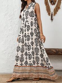 EMERY ROSE 女士几何印花V领无袖休闲连衣裙，适合度假穿着 - 彩色 - 查看 4