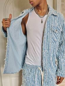 Manfinity EMRG Men's Turndown Collar Single-Breasted Frayed Hem Long Sleeve Jacket And Drawstring Waist Shorts Denim Outfit, Fashionable Casual Set Baby Blue Men Outfit - Blue - View 6