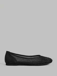 Ontre Women's Rhinestone Embellished Casual Everyday Slip-On Flat Shoes - Black - View 1