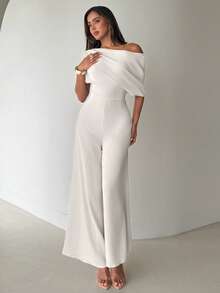 Aloruh Women's New Solid Color Jumpsuit, Oblique Shoulder Design, Wide Leg, Simple & Elegant, Suitable For Commuting, Office Wear - Apricot - View 4