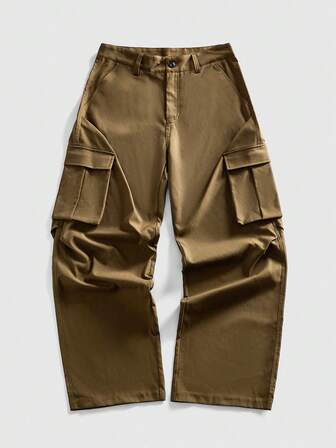 Pantalones cargo casuales de pierna ancha y holgados de unicolor para hombre