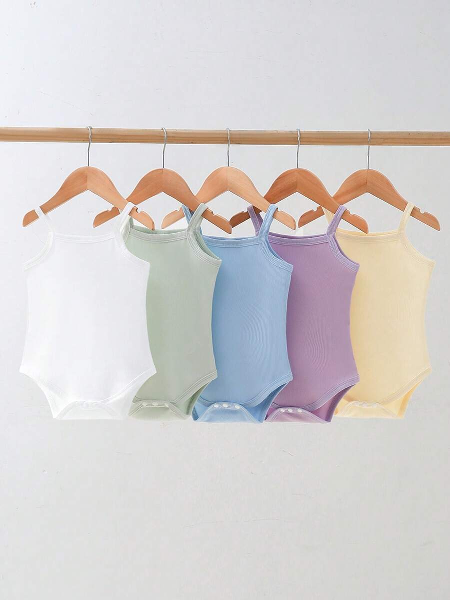 SHEIN Playful Pals 5pcs/Set Baby Girl 0-3 Years All-Match Casual Everyday Solid Color & Ribbed Knit Bodysuit Set Baby Bodysuits