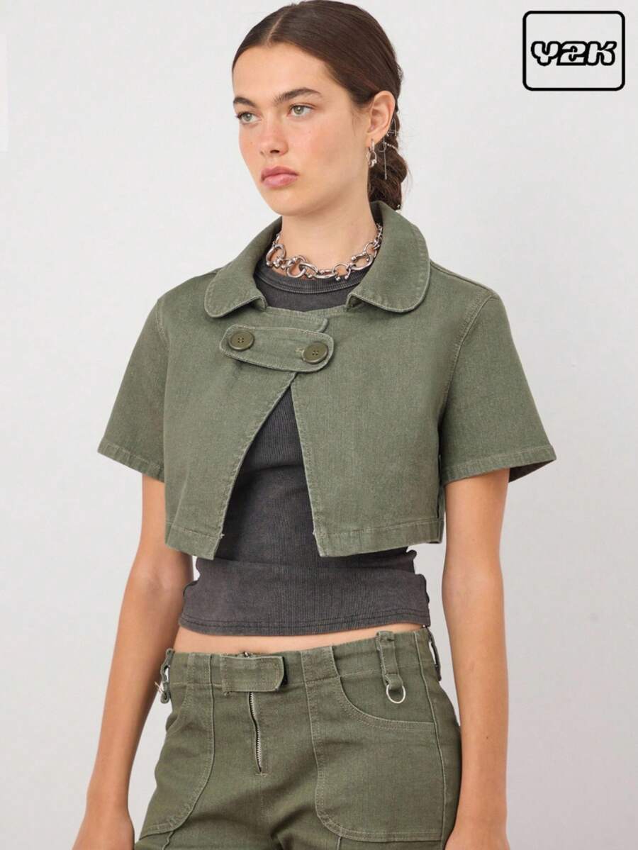 COUREZ 短袖露脐宽松牛仔上衣/Y2K风外出可爱春季性感上衣 - 綠色 - 查看 1