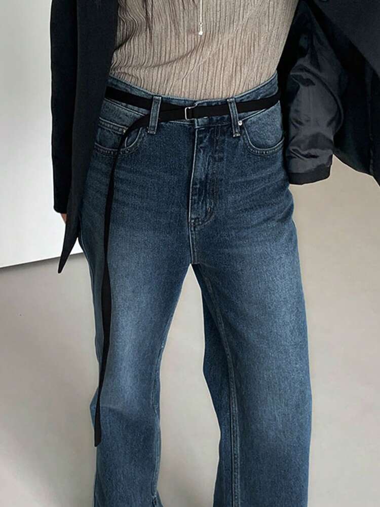 Classic Retro Washed Side Slit Women's Blue Denim Jeans
