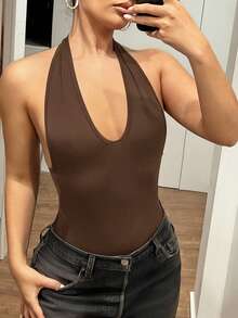 SHEIN ICON Body metálico con escote en V profundo estilo Y2K, color negro sólido - Marrón - Ver 3