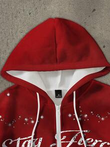 Manfinity EMRG 男士休闲印花拉链连帽卫衣，红色 Stay Fierce 拉链连帽衫，学院风徽章袖标，彩色霓虹字母印花，运动嘻哈时尚，情侣宽松外套，秋季 - 彩色 - 查看 4