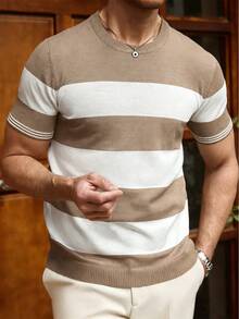 OTTIMOZO Men's Casual Contrast Color Short Sleeve Knit Top Tan Tops Men Men Stripe Shirt Men Striped T-Shirt Men Knit Tops Brown And White Shirt Men - Camel - View 3