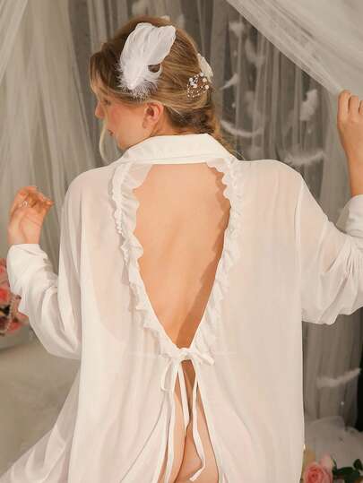 DelicateAllure 大码浪漫白色薄纱拼接镂空荷叶边系带衬衫裙，精致优雅