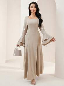 Veilorie Đầm nữ tay bồng họa tiết hoa 3D kiểu dáng kín đáo, thường ngày. - Màu Khaki - Xem 4