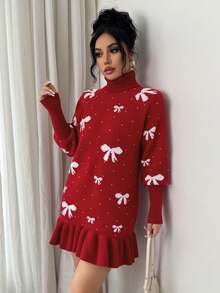 Elenzga Women's Elegant Turtleneck Bowknot Jacquard Tassel Hem Long Sleeve Sweater Dress, Autumn/Winter - Red - View 4