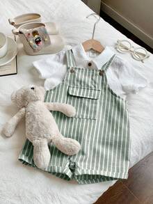 SHEIN 2件套男/女婴舒适休闲百搭可爱白色短袖衬衫和条纹背带短裤连体衣套装，适合室内、室外、日常、运动、玩耍、派对、拍照、度假，春夏皆宜。 - 綠色 - 查看 3