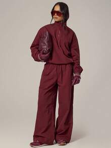 MUSERA Áo khoác nỉ dáng rộng bằng nylon, khóa kéo nửa thân, thích hợp cho mùa xuân, nữ tính, mặc ban ngày, dễ thương, giản dị, phong cách mùa hè ngọt ngào. - Màu Hồng Tươi - Xem 5