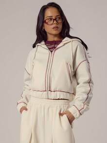 MUSERA Oversized Zip Through Contrast Stitch Hooded Sweatshirt Spring, Girly, Day, Cute, Casual Spring - Cream - View 1