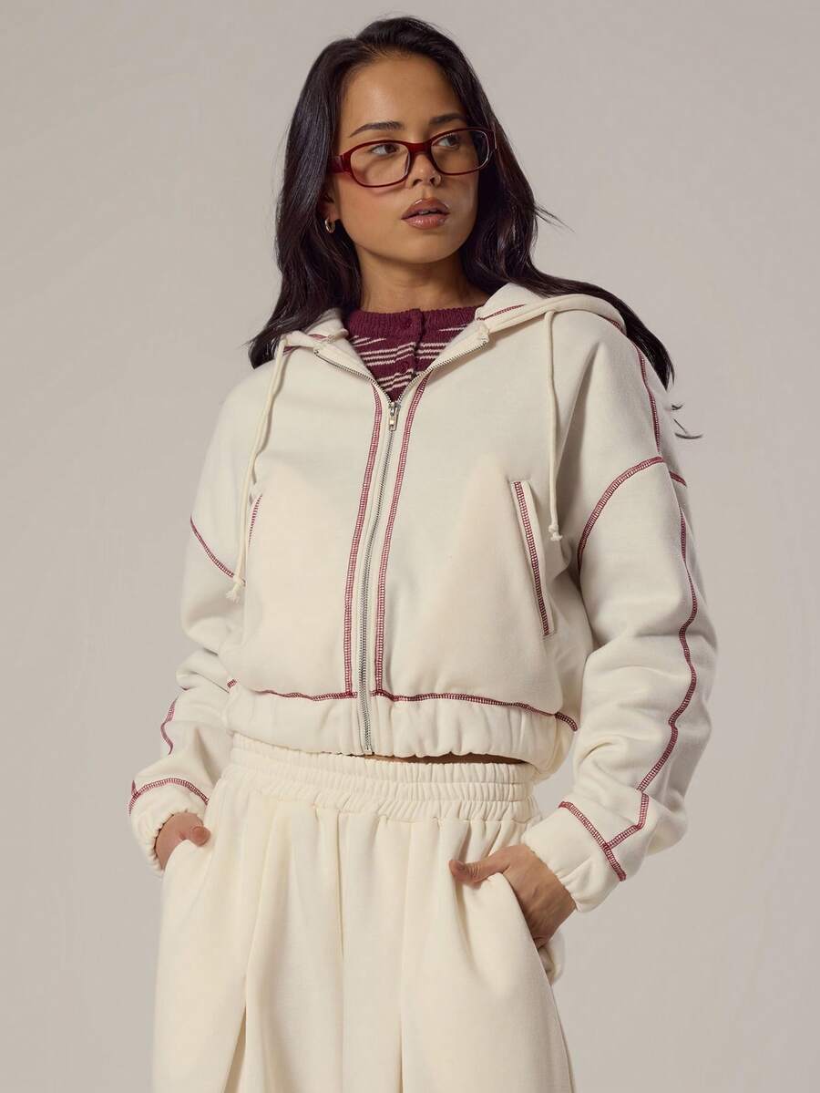 MUSERA Oversized Zip Through Contrast Stitch Hooded Sweatshirt Spring, Girly, Day, Cute, Casual Spring - Cream - View 1
