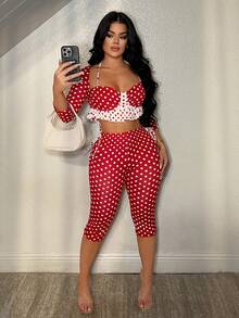 SHEIN SXY Valentine's Day Red Polka Dot Sexy Ruffle Hem 3/4 Pants Set,Spring ,Date ,Going Out ,Sexy ,Club  ,Spring ,Summer