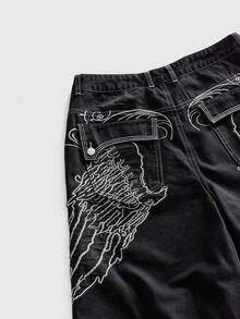 ROMWE MEN 男士刺绣图案宽松牛仔短裤 - 黑色 - 查看 3