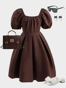 少女纯色简约休闲圆领短袖连衣裙 - 咖啡 - 查看 1