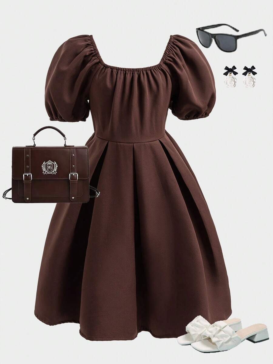 少女纯色简约休闲圆领短袖连衣裙 - 咖啡 - 查看 1