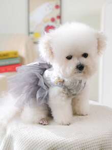 PETSIN 1 Piece Of Clothing For Cats/Dogs, Decorated With Pearl Necklace Dress, Spring And Summer Pet Gray Fluffy Gauze Skirt - Grey - View 8