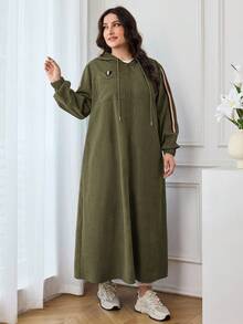 Modelyn 大码拼色条纹印花连帽休闲长袖夹克 - 軍綠色 - 查看 4