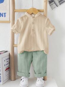 SHEIN 2件套男婴休闲学院风灰色立领衬衫和条纹松紧腰裤套装，适合生日派对、晚宴、演出、婚礼、迎婴派对、一周岁生日庆祝等场合。 - 彩色 - 查看 9