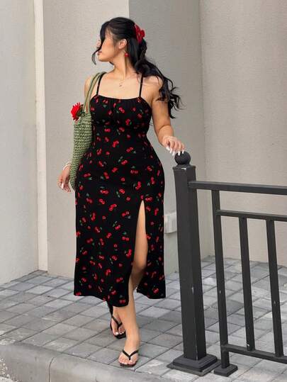 SHEIN EZwear Plus Size Women's Cherry Printed Knitted Dress, For Summer