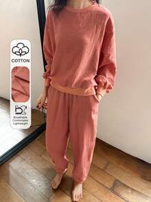 DAZY Red Plaid Sweatshirt Style Women Pajama Set - Red - View 4