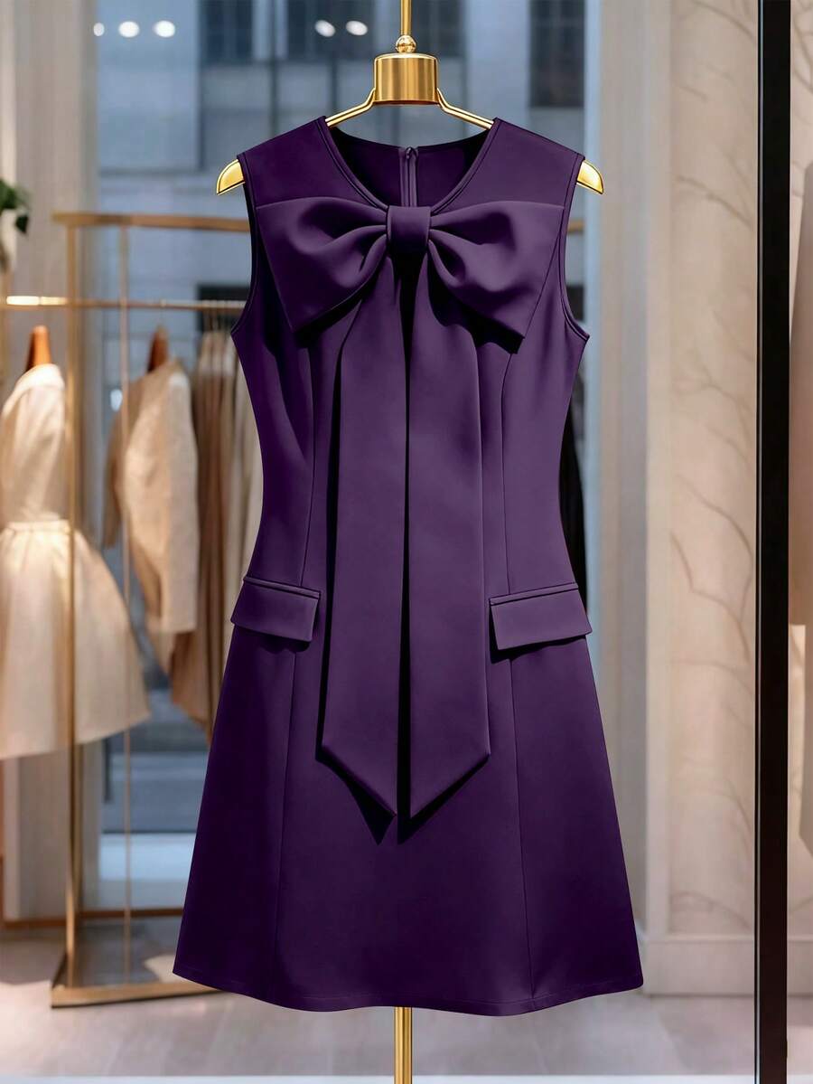 GlowEve CURVE 大码休闲优雅舒适蝴蝶结通勤中长款圆领连衣裙 - 紫色 - 查看 1