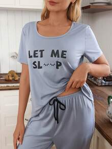 Doze Lane Conjunto de ropa casual de pantalón y camiseta de manga corta con estampado de letras - Neblina azul - Ver 5