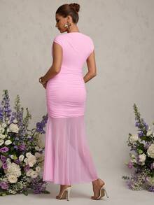 MaterniChic Vestido de maternidad casual de verano con contraste de malla y volantes