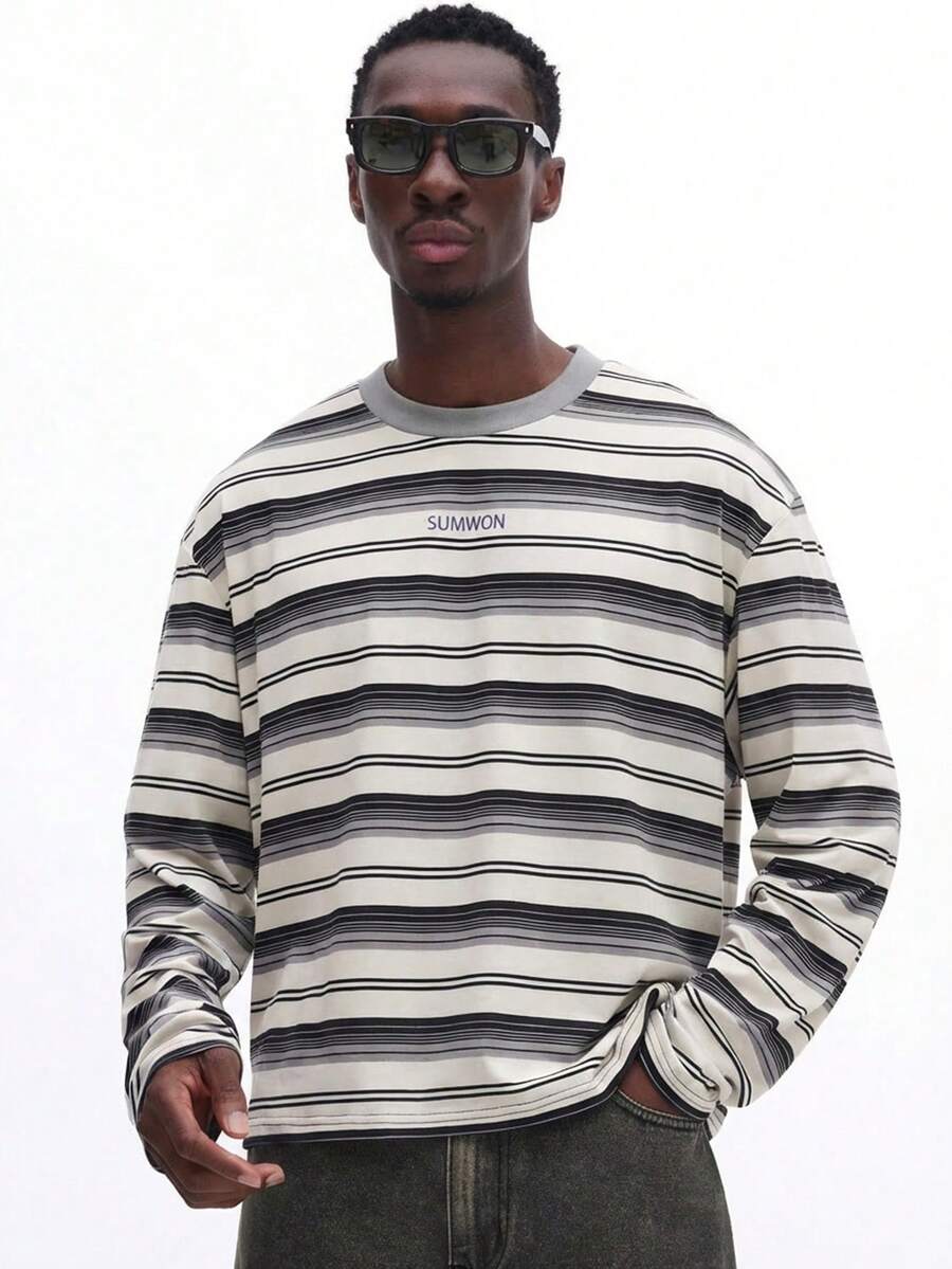 SUMWON 横条纹长袖圆领T恤，常规版型，针织面料，休闲日常穿着，秋冬叠穿基础款 - 彩色 - 查看 1