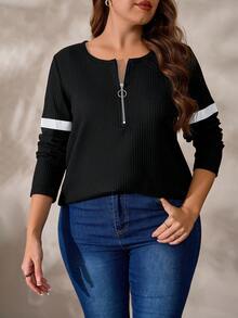 EMERY ROSE Plus Size Women Contrast Zipper Half Placket Long Sleeve Pullover Top,Black And White,Autumn,Smart Casual,Vacation Winter Casual Black Tops For Women - Black - View 4