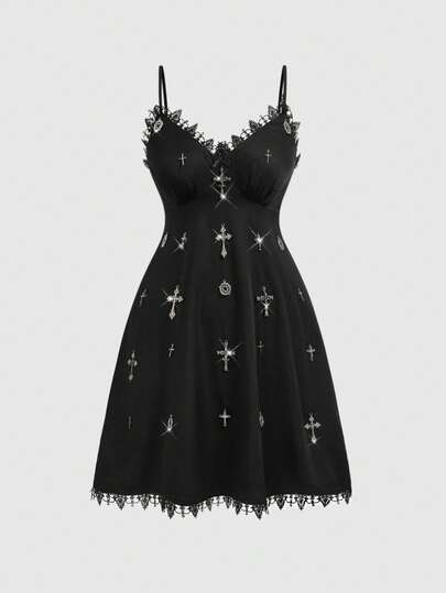 Grunge Punk Plus Size Women's Punk Cross Pendant Contrast Lace Bodycon Mini Dress