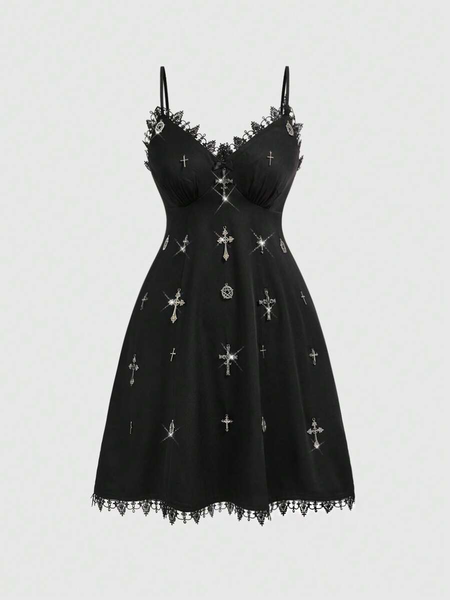 ROMWE Grunge Punk Plus Size Women's Punk Cross Pendant Contrast Lace Bodycon Mini Dress
