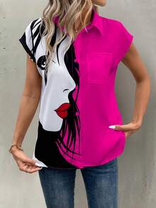 EMERY ROSE Áo sơ mi cổ bẻ in hình nhân vật hoạt hình dài tay - Màu Hồng Tươi - Xem 5