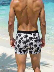 Manfinity Swimmode Men's Tropical Coconut Tree Print Drawstring Waist Casual Beach/Pool Swim Trunks  Men Swim Trunks Board Shorts With Compression Liner Bathing Suit Quick Dry  ,Hawaiian - Black and White - View 2