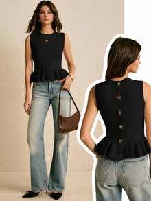 Poéselle Chaleco de punto con botones, volantes y estampado floral de unicolor para mujer - Negro - Ver 2