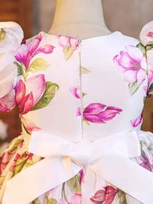 SHEIN Glamorique Kids Glamorique 女童花卉腰部泡泡袖薄紗優雅派對生日洋裝，適合四季婚禮白色與粉色夏季 - 彩色 - 查看 3