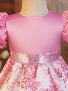 Glamorique Kids 优雅生日派对泡泡袖缎面连衣裙，提花裙摆，女婴万圣节服装 - 粉色 - 查看 4