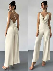 Firerie 女士优雅约会、度假、婚礼季吊带垂褶领金属装饰交叉露背褶皱杏色纯色长款连体裤，女士优雅春夏连体裤 - 杏色 - 查看 9