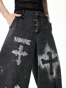 ROMWE MEN Goth 男士数码十字印花飞机扣弯刀牛仔裤 - 黑色 - 查看 2