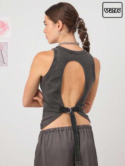 COUREZ バックルトリミング オープンバック タンクトップ /Y2Kガールズナイトアウト トップス レディース服 可愛い