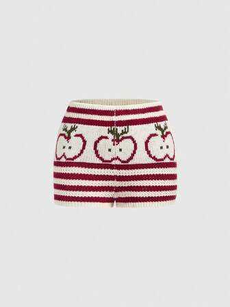 Shorts cortos de mujer de punto con un lindo patrón a rayas rojo manzana y blanco vintage