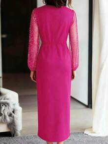 EMERY ROSE Vestido corto de mujer con cintura ajustada, empalmado con malla y lámina - Rosa Fucsia - Ver 2