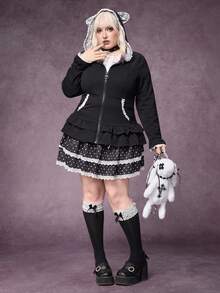 ROMWE Goth Plus Size Women Casual Commuter Cute 3D Cat Ear Contrast Lace Ruffle Hem Zip Up Fitted Sweatshirt - Black - View 1