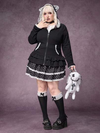 Goth Plus Size Women Casual Commuter Cute 3D Cat Ear Contrast Lace Ruffle Hem Zip Up Fitted Hoodie Sweatshirt