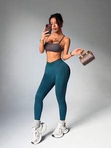 Easithlete 1件吸湿排汗提臀基础款藏蓝色运动裤，无缝设计，适合健身/瑜伽 - 彩色 - 查看 3