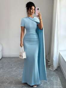 Elenzga Sukienka damska na wiosnę/lato, nowa, elegancka, minimalistyczny i wszechstronny fason rękawów w stylu bliskowschodnim, jasnoniebieska, z krótkim rękawem i ściągaczem w talii - Niebieski - Zobacz 6